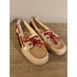 Sperry Top-Sider Womens Boat Shoes Tan Leather Buffalo Plaid Faux Fur Lined 9